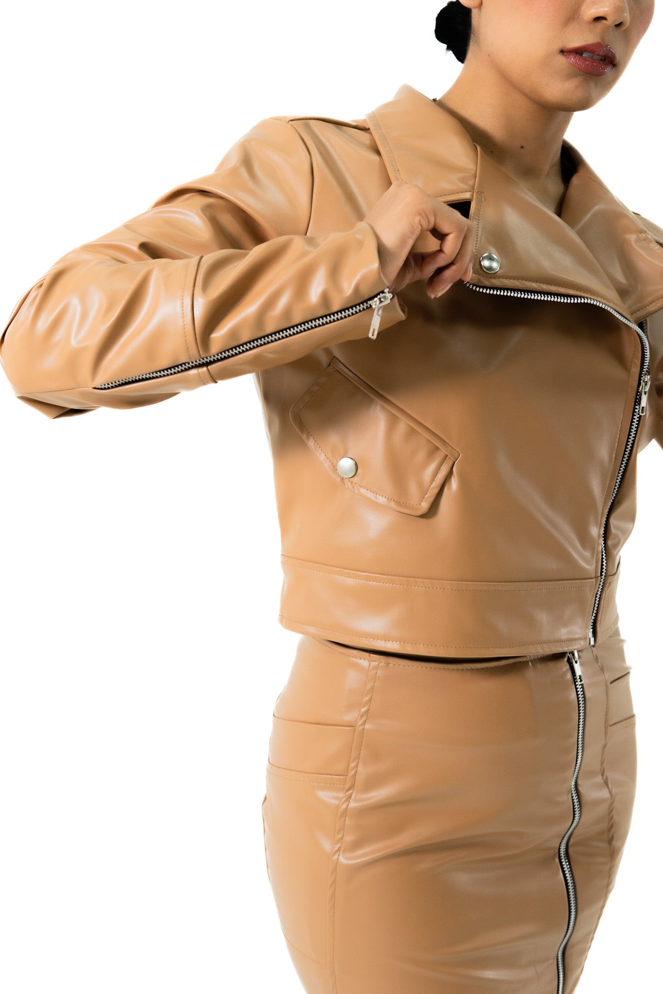 Leather Jacket and Slit Skirt Set
