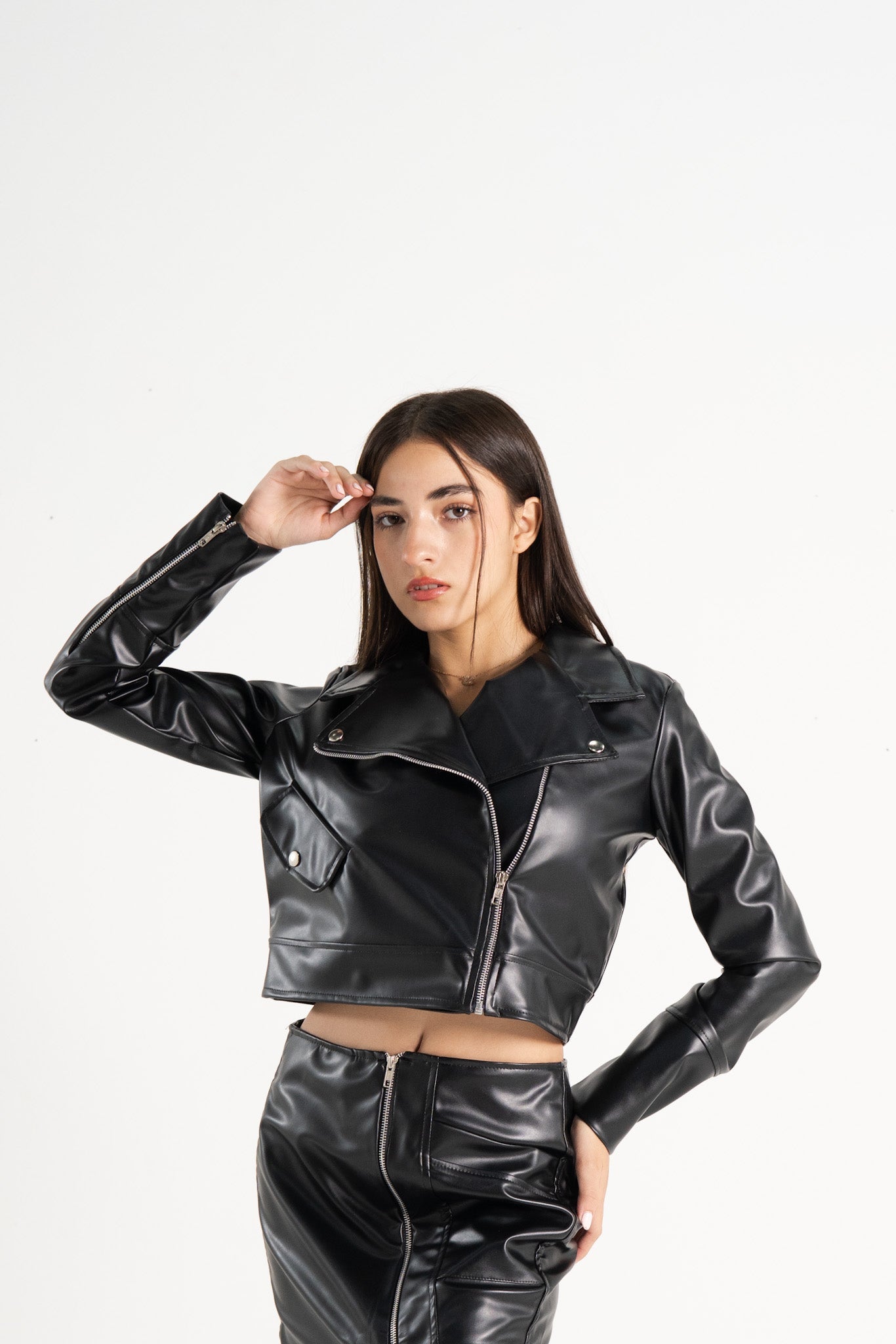 Leather Jacket and Slit Skirt Set